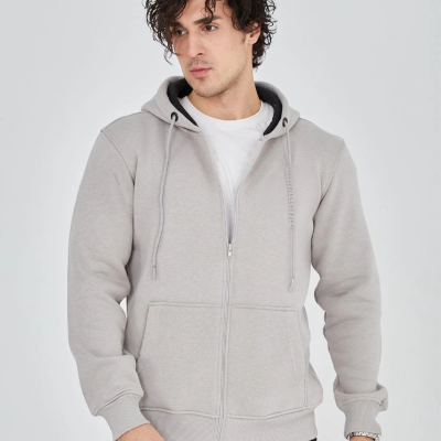 Tam Fermuarlı Kapşonlu  SweatShirt - Boyalı Gri